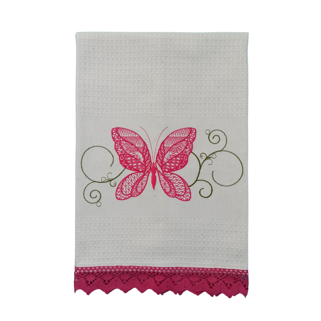 Cream Tea Towel with Butterfly Embroidery and Lace Trim