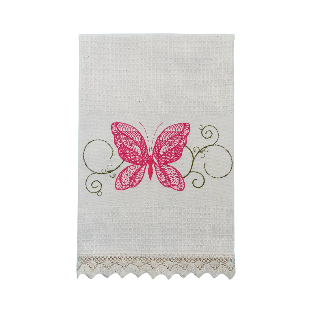 Cream Tea Towel with Butterfly Embroidery and Lace Trim
