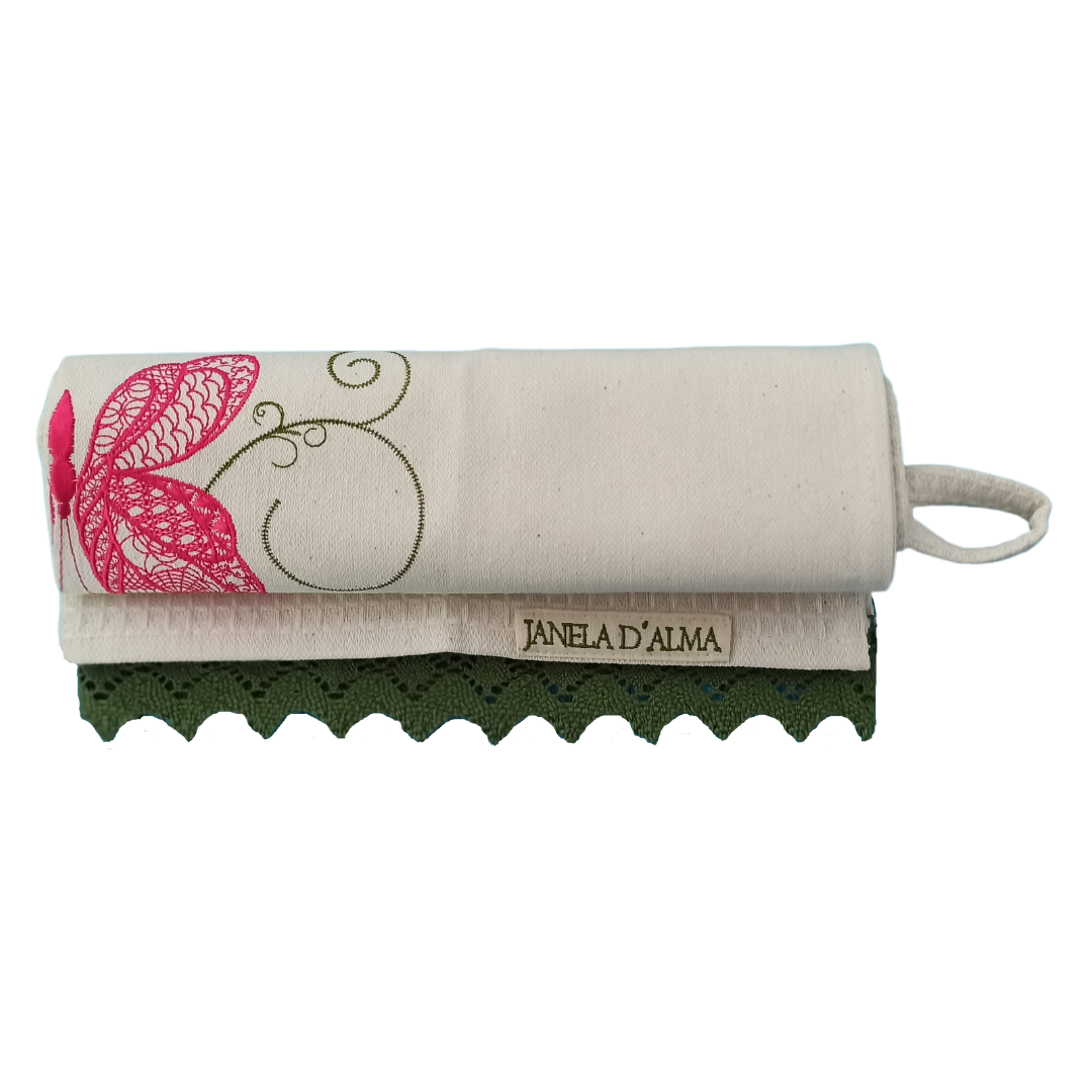 Cream Tea Towel with Butterfly Embroidery and Lace Trim