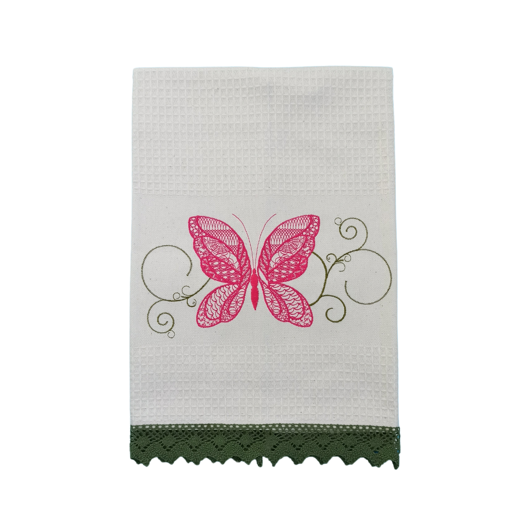 Cream Tea Towel with Butterfly Embroidery and Lace Trim