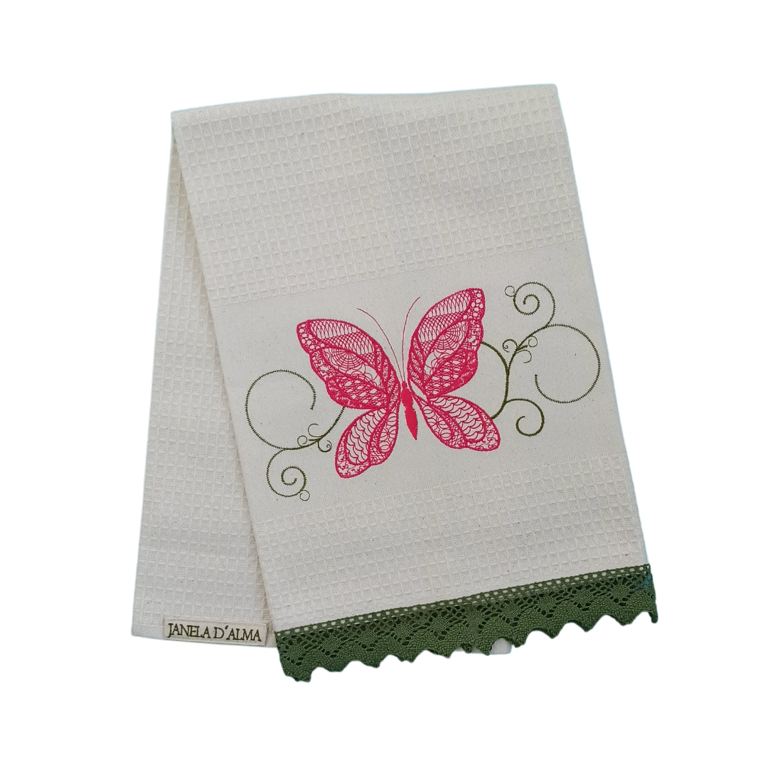 Cream Tea Towel with Butterfly Embroidery and Lace Trim