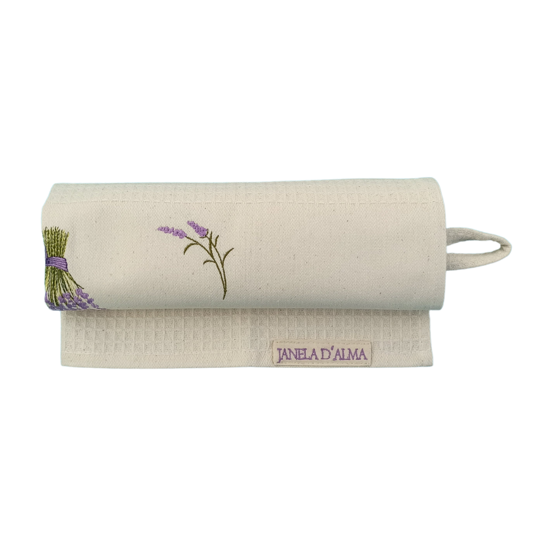 Cream Tea Towel with Lavender Embroidery