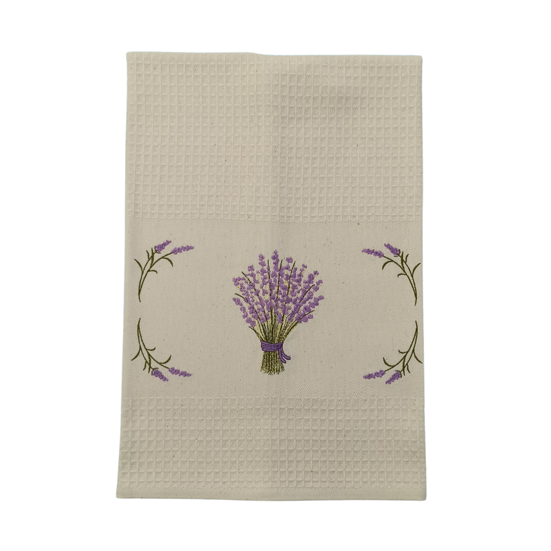 Cream Tea Towel with Lavender Embroidery