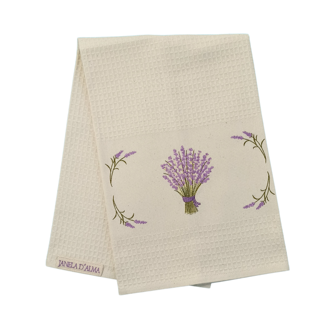 Cream Tea Towel with Lavender Embroidery