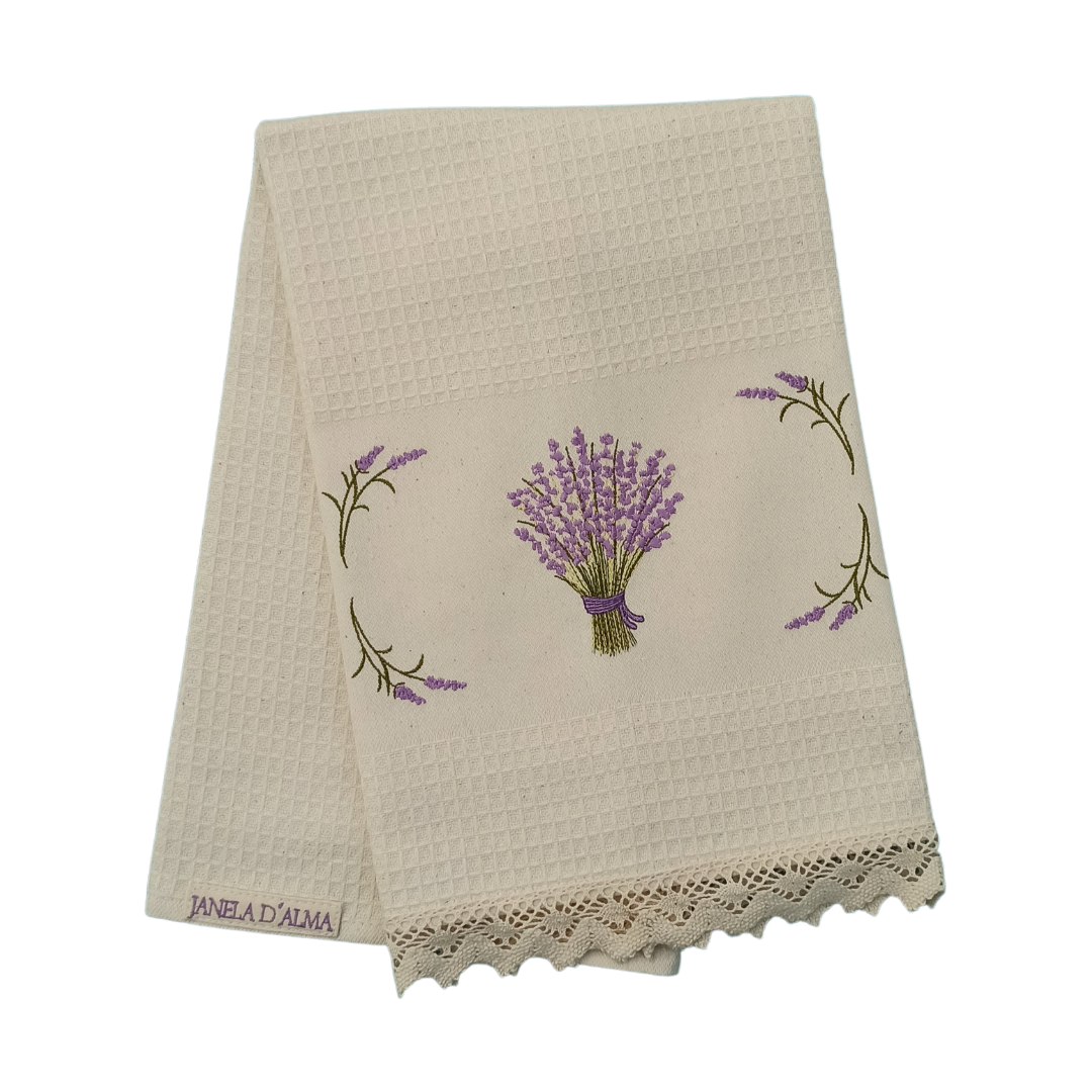 Cream Tea Towel with Lavender Embroidery and Lace Trim