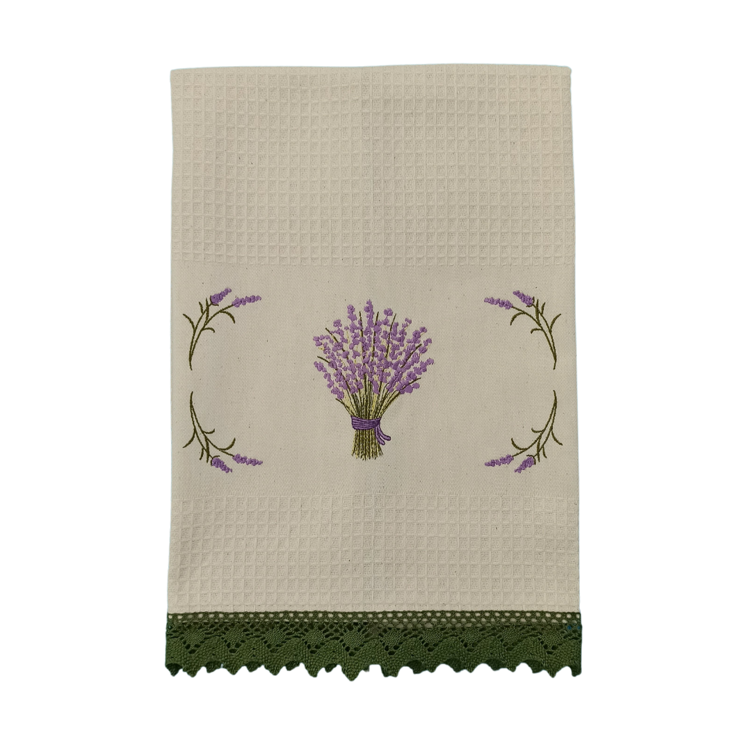 Cream Tea Towel with Lavender Embroidery and Lace Trim