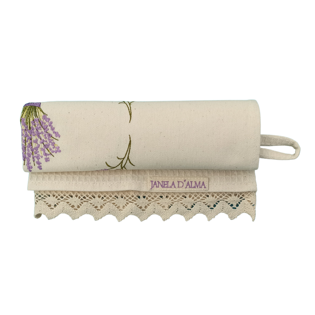 Cream Tea Towel with Lavender Embroidery and Lace Trim
