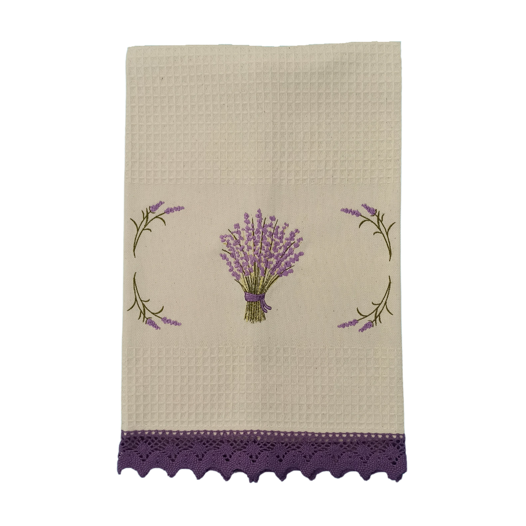 Cream Tea Towel with Lavender Embroidery and Lace Trim