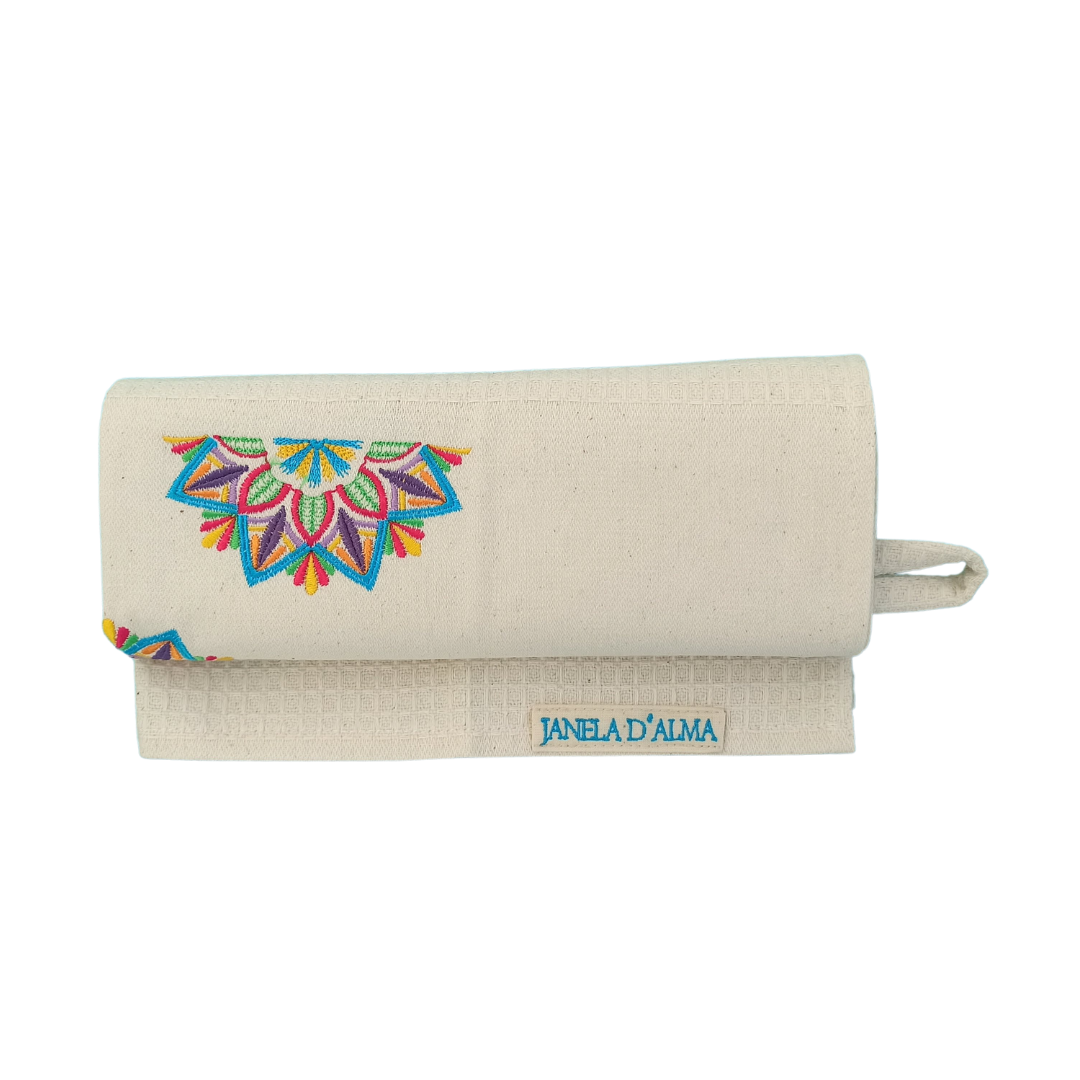 Cream Tea Towel with Mandala Embroidery