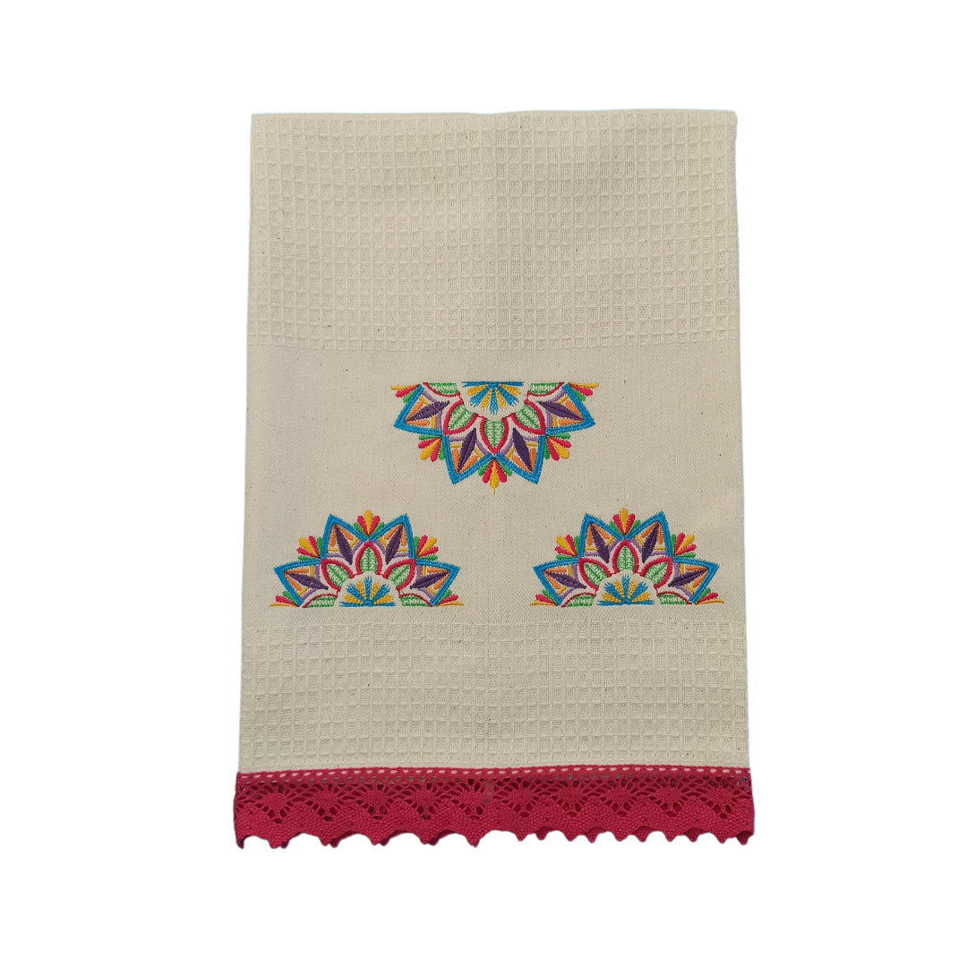 Cream Tea Towel with Mandala Embroidery and Lace Trim
