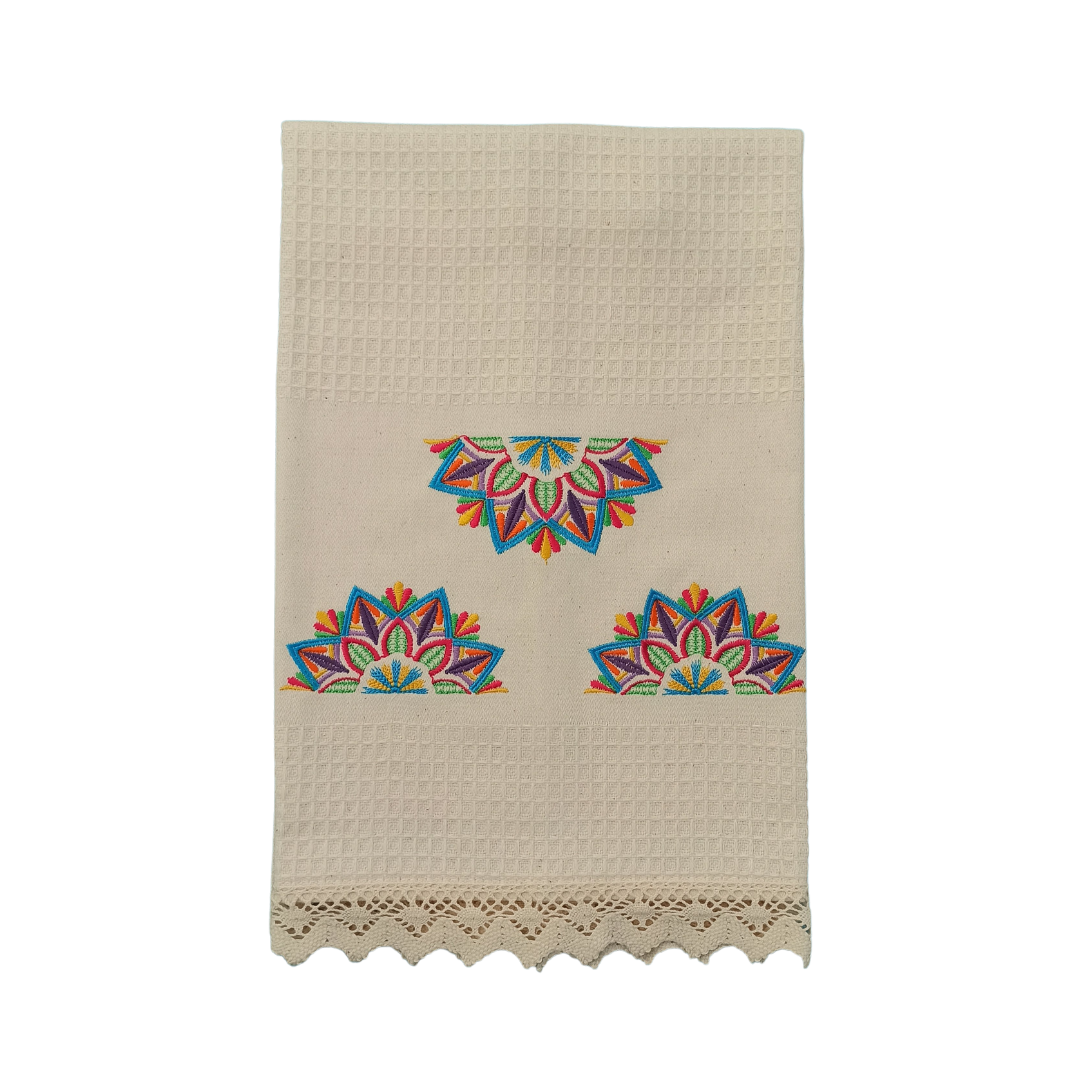 Cream Tea Towel with Mandala Embroidery and Lace Trim