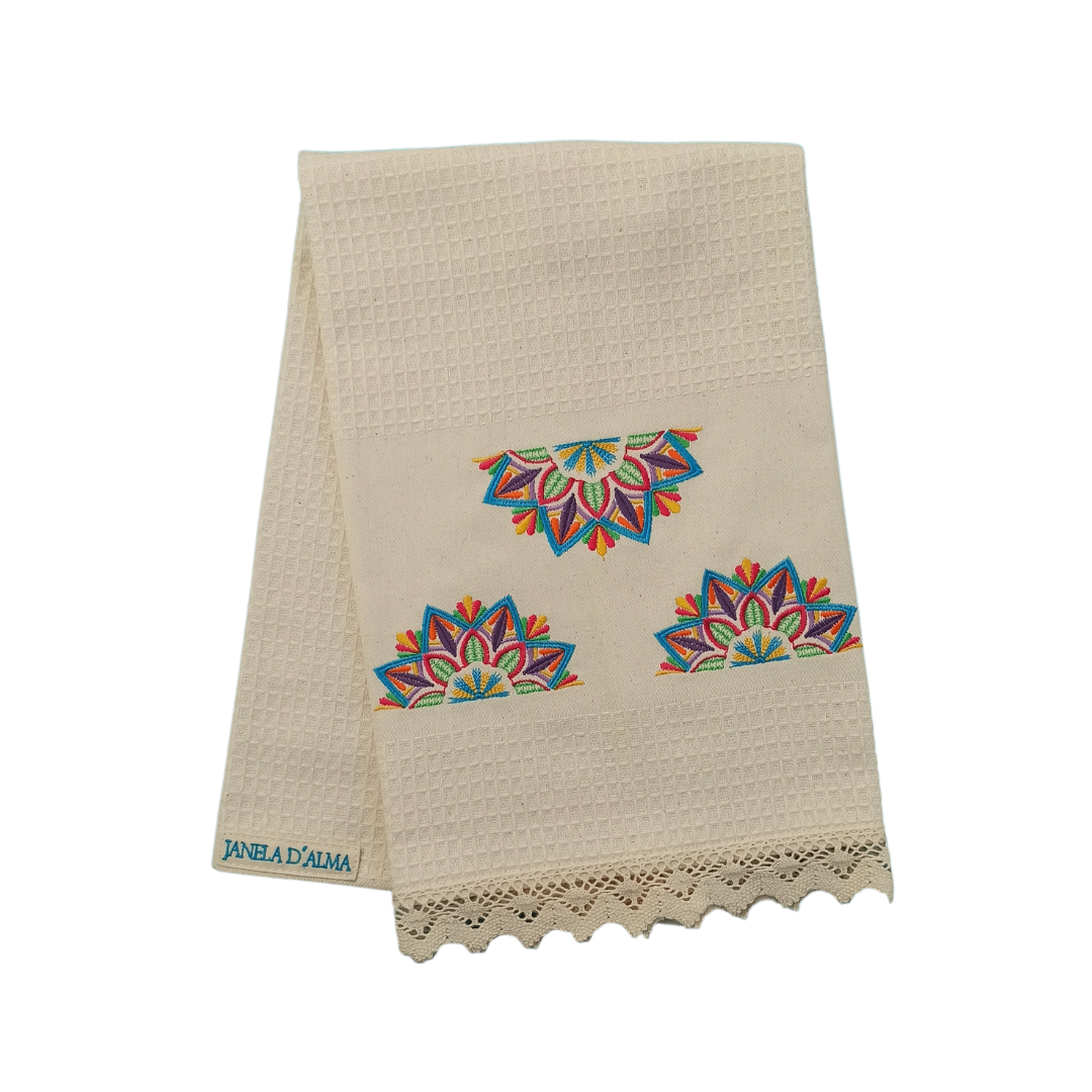 Cream Tea Towel with Mandala Embroidery and Lace Trim