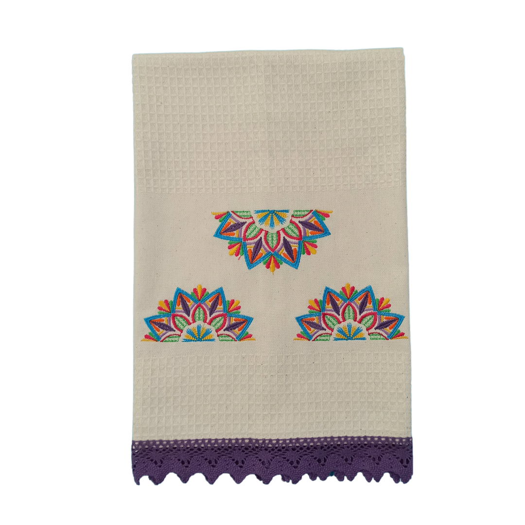 Cream Tea Towel with Mandala Embroidery and Lace Trim