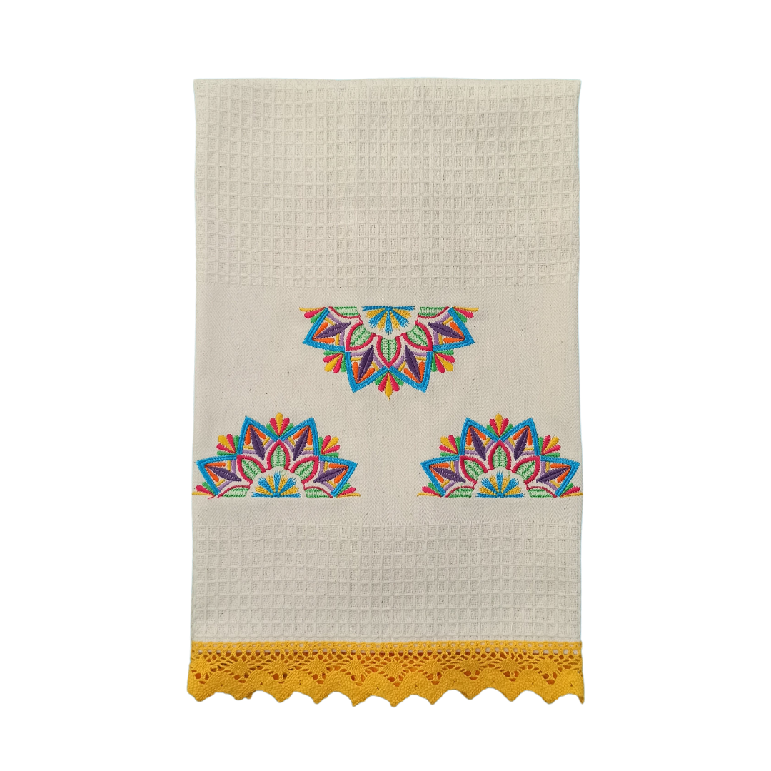 Cream Tea Towel with Mandala Embroidery and Lace Trim
