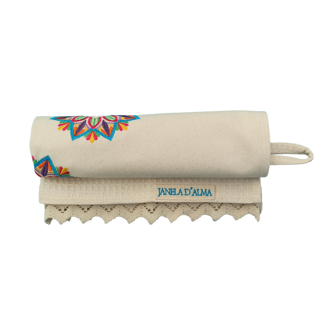 Cream Tea Towel with Mandala Embroidery and Lace Trim