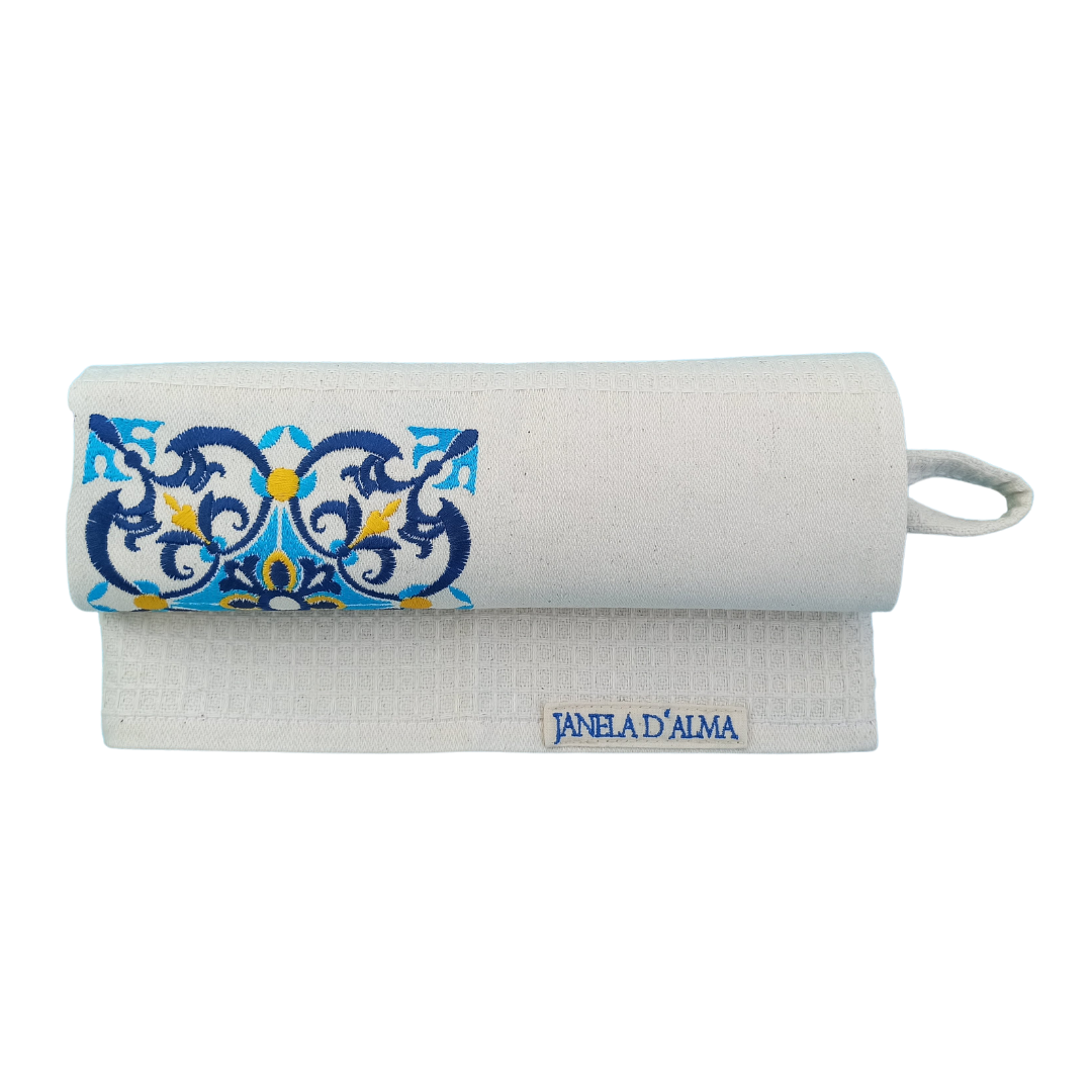 Cream Tea Towel with Tile Embroidery