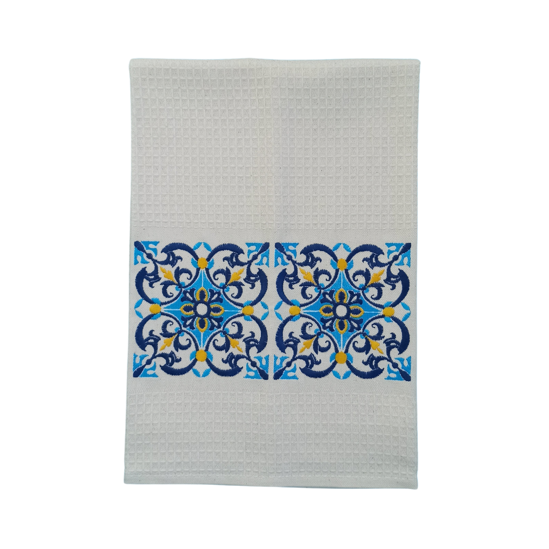 Cream Tea Towel with Tile Embroidery