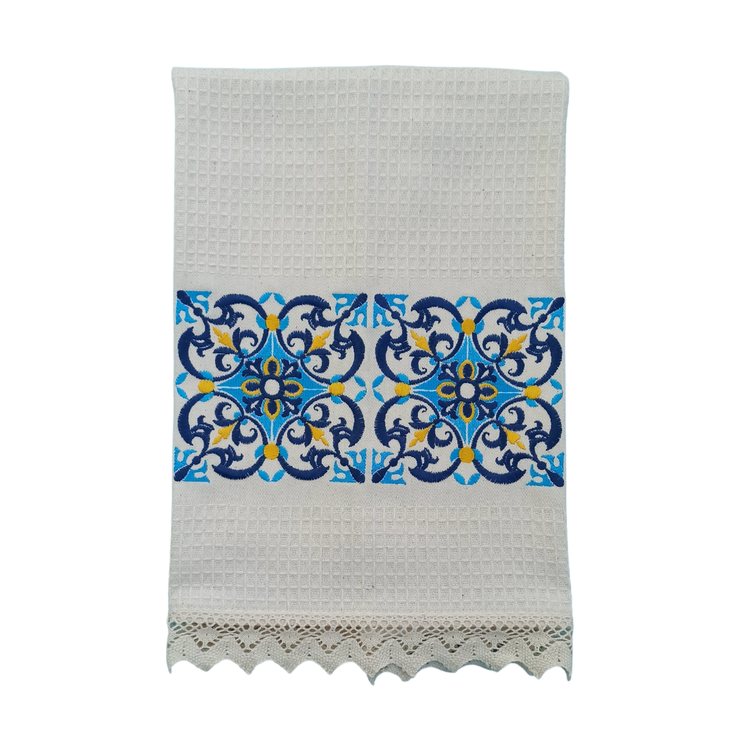 Cream Tea Towel with Tile Embroidery and Lace Trim