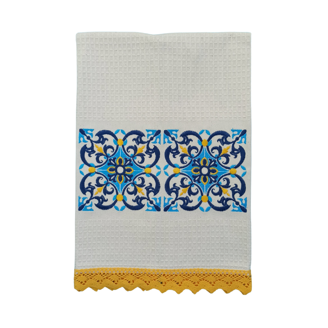 Cream Tea Towel with Tile Embroidery and Lace Trim