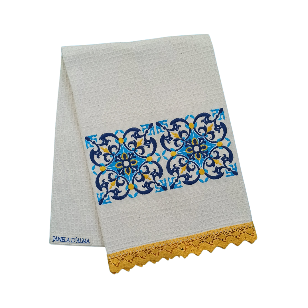 Cream Tea Towel with Tile Embroidery and Lace Trim