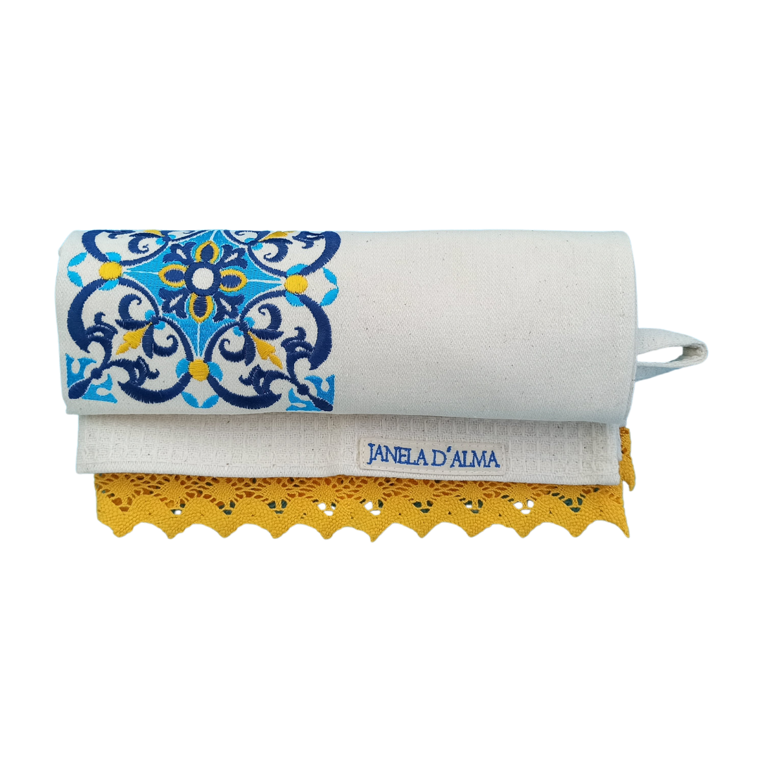 Cream Tea Towel with Tile Embroidery and Lace Trim