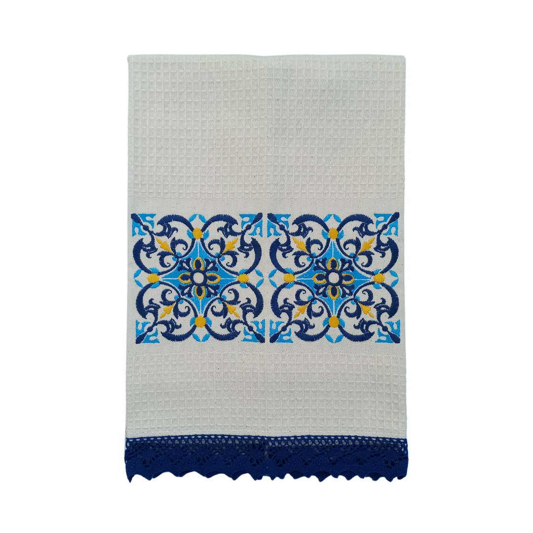 Cream Tea Towel with Tile Embroidery and Lace Trim