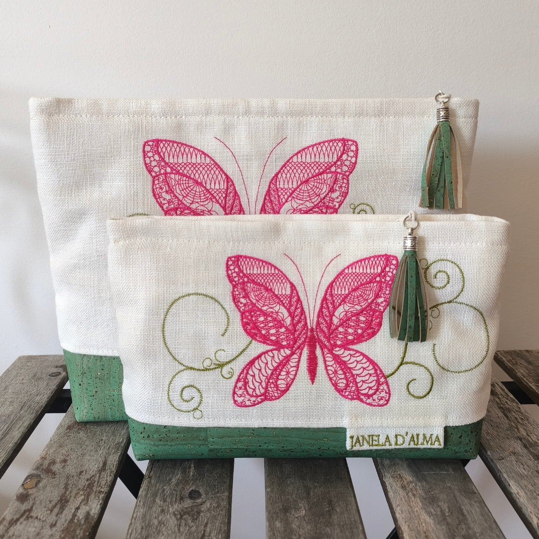 Sophisticated Clutch Bag in Linen and Cork with Butterfly Embroidery