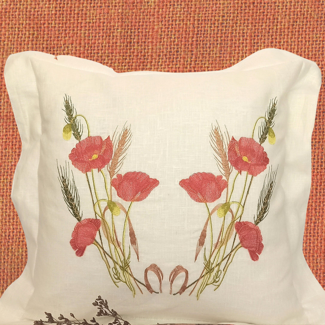 Linen Cushion Cover with Poppy Embroidery