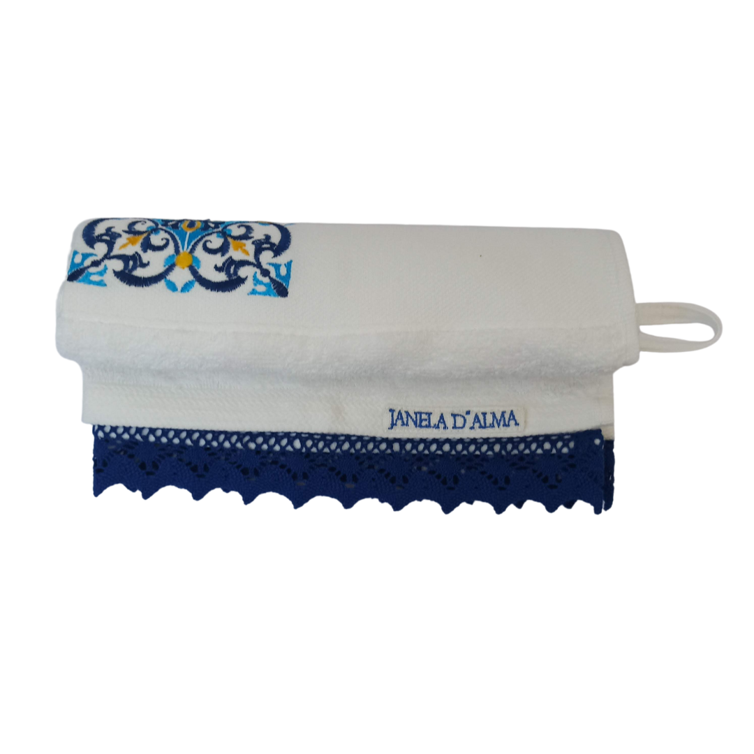 White Terry Towel with Tile Embroidery and Lace Trim
