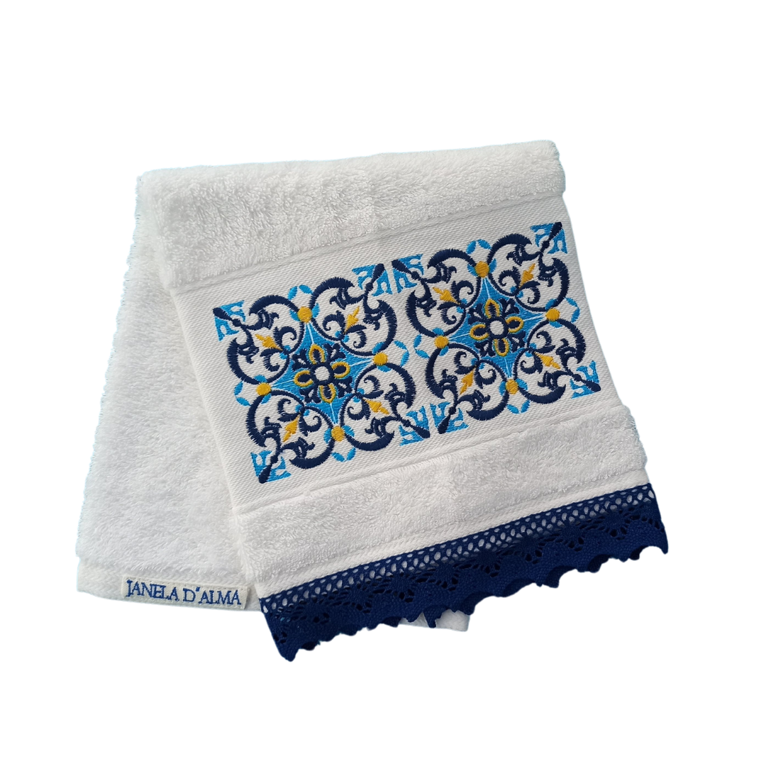 White Terry Towel with Tile Embroidery and Lace Trim