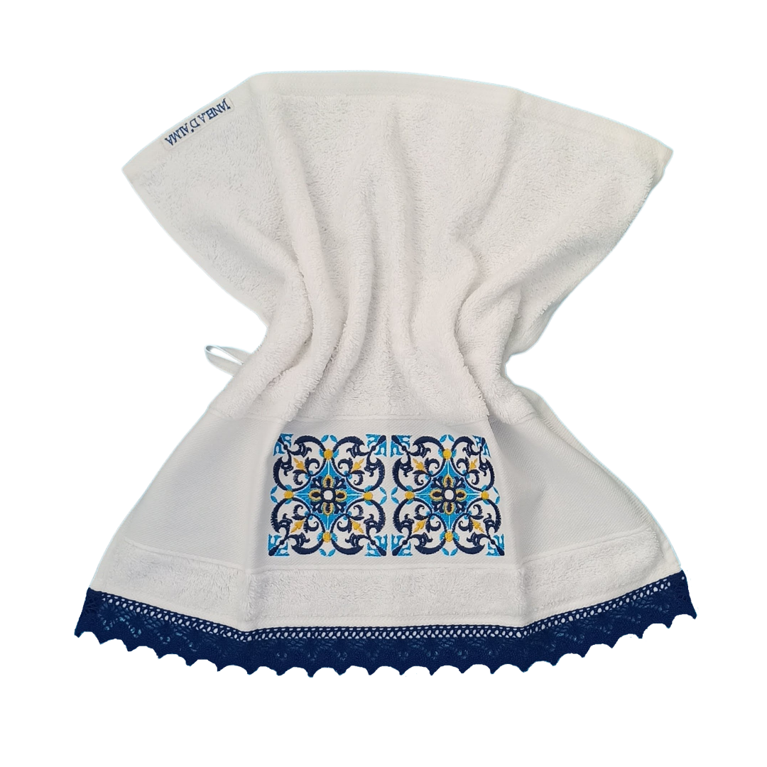 White Terry Towel with Tile Embroidery and Lace Trim