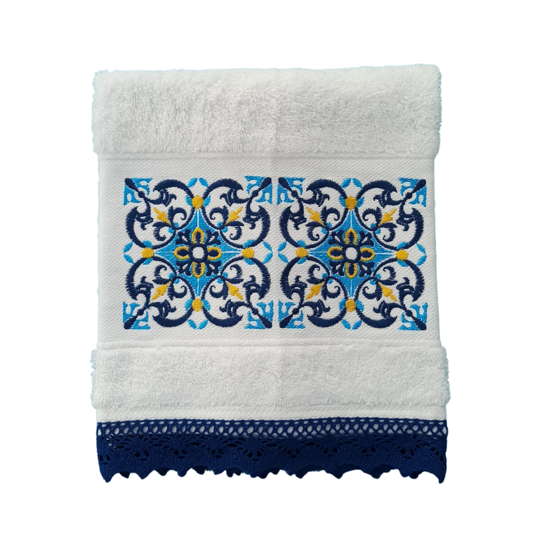 White Terry Towel with Tile Embroidery and Lace Trim