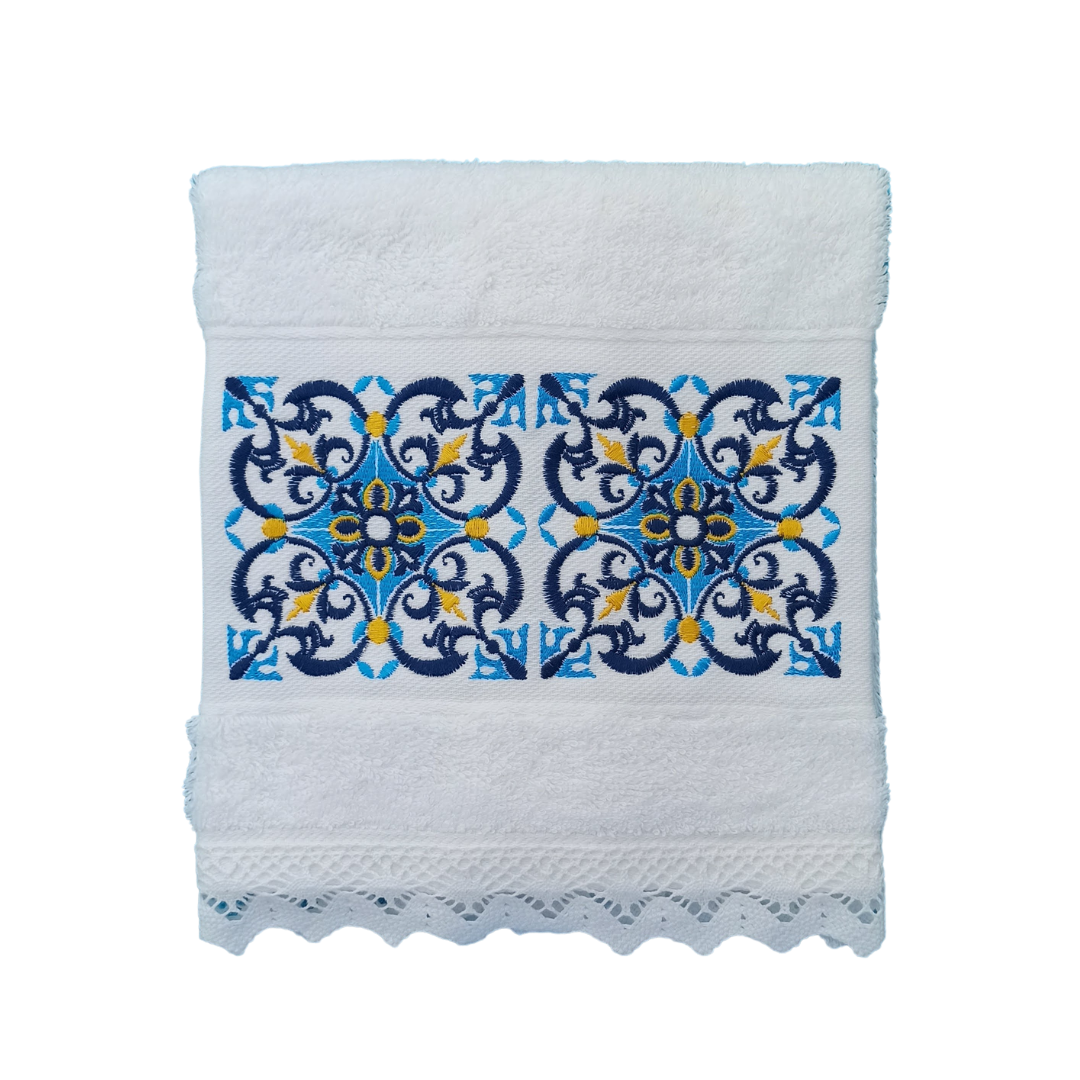 White Terry Towel with Tile Embroidery and Lace Trim