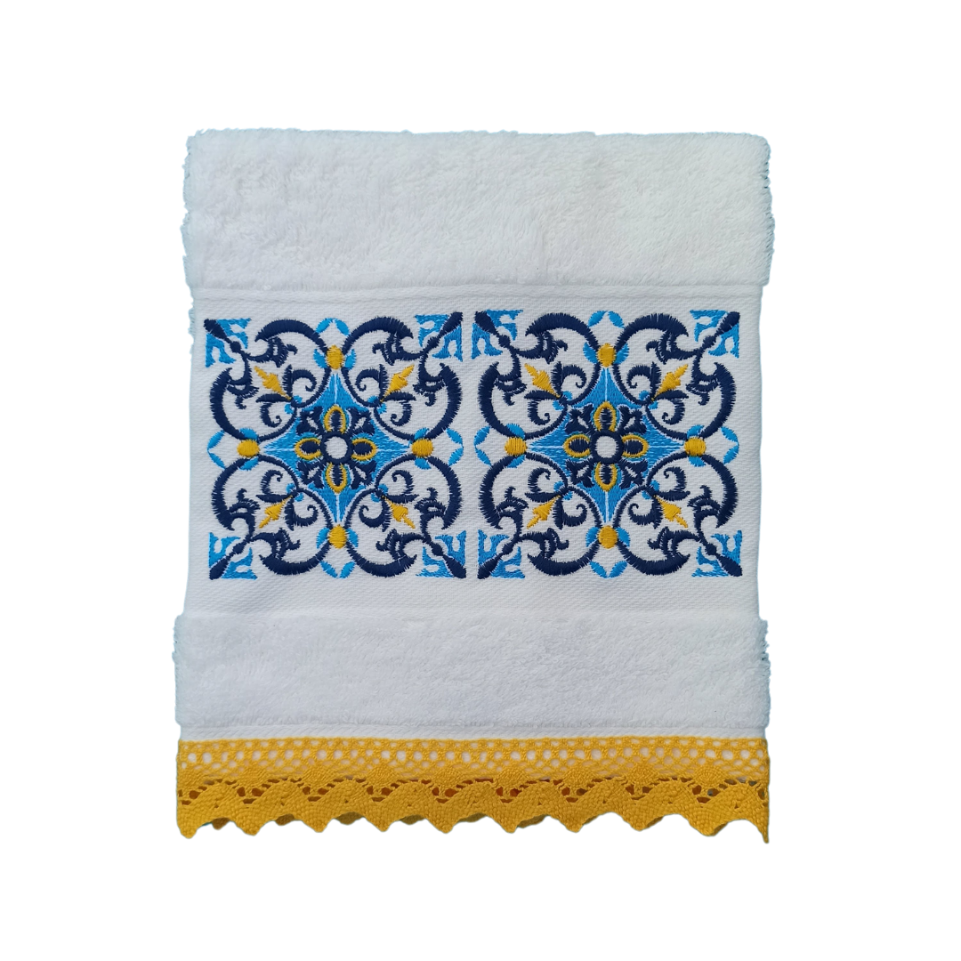 White Terry Towel with Tile Embroidery and Lace Trim