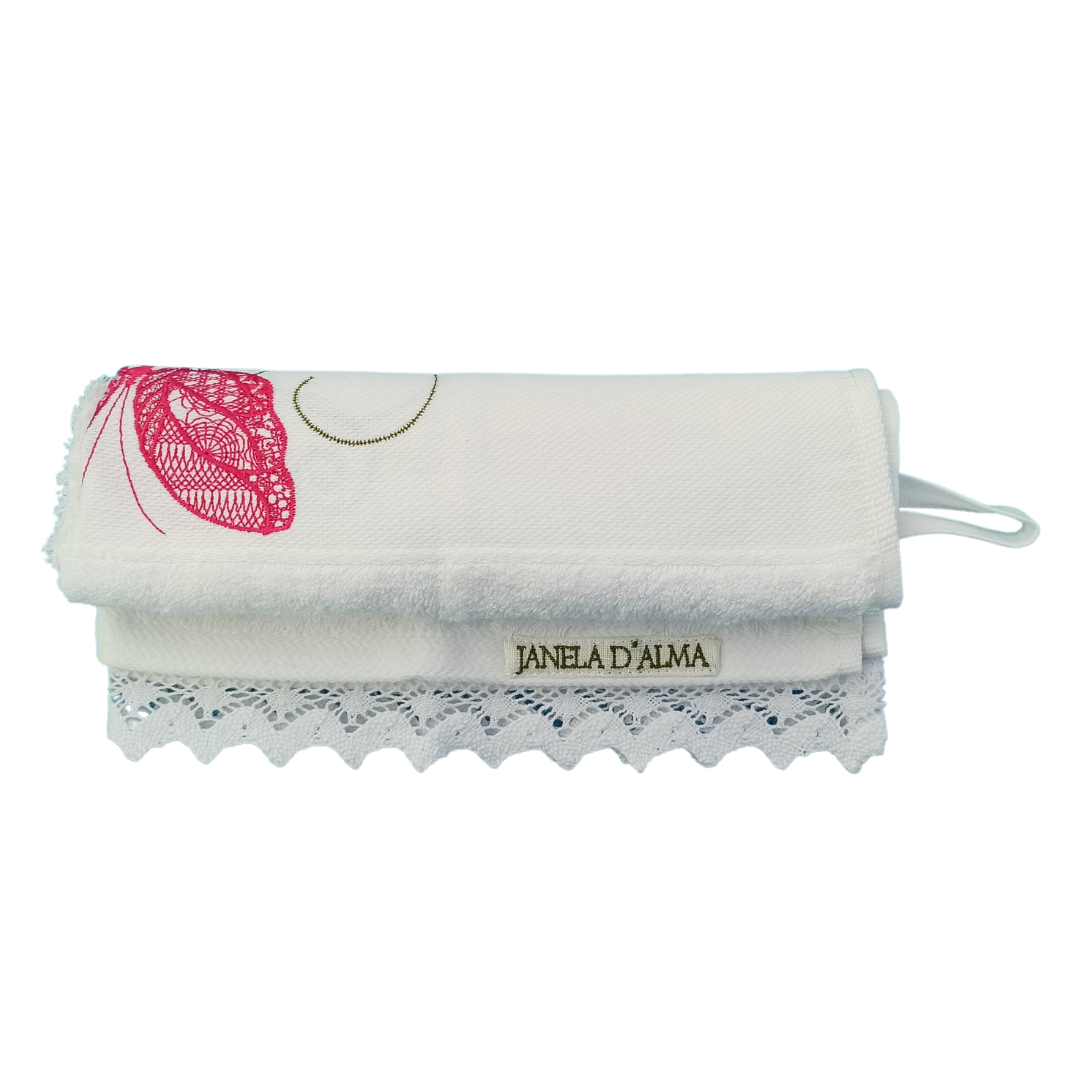 White Terry Towel with Butterfly Embroidery and Lace Trim
