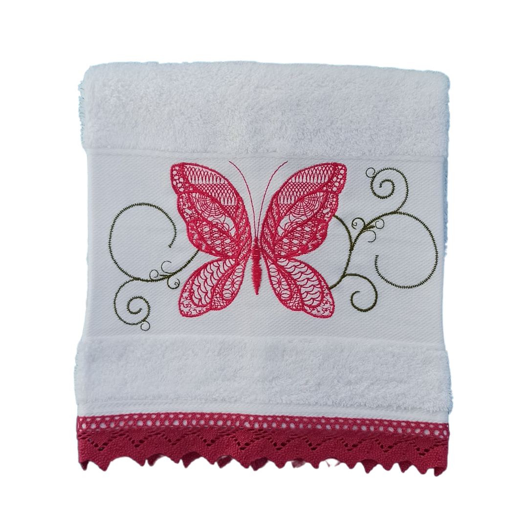White Terry Towel with Butterfly Embroidery and Lace Trim