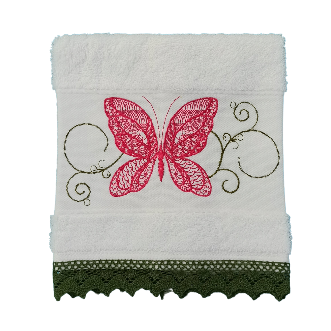White Terry Towel with Butterfly Embroidery and Lace Trim