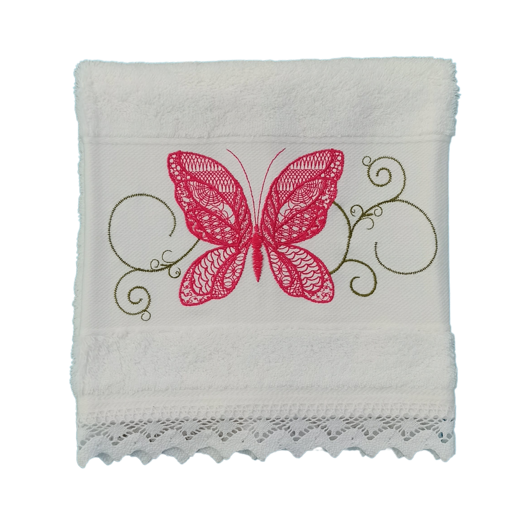 White Terry Towel with Butterfly Embroidery and Lace Trim