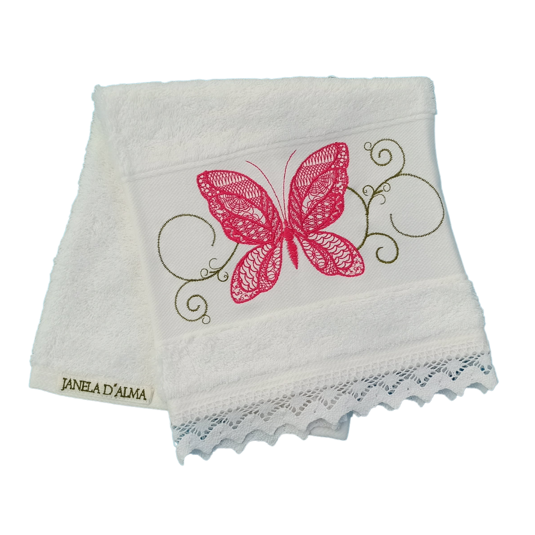 White Terry Towel with Butterfly Embroidery and Lace Trim