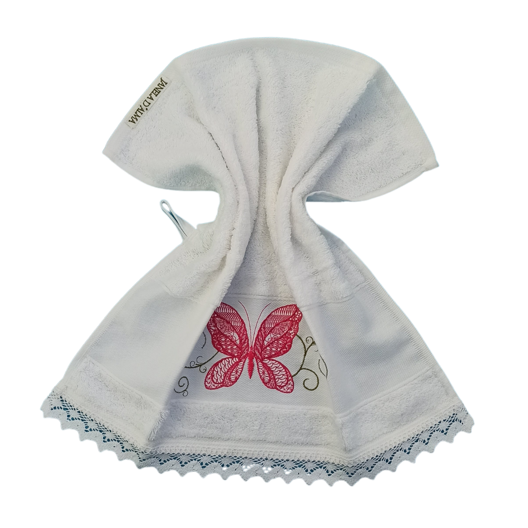 White Terry Towel with Butterfly Embroidery and Lace Trim