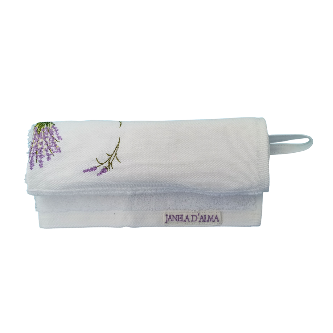 White Terry Towel with Lavender Embroidery