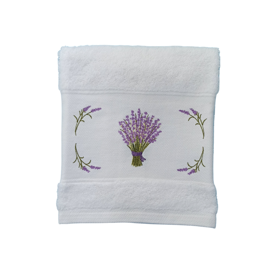 White Terry Towel with Lavender Embroidery