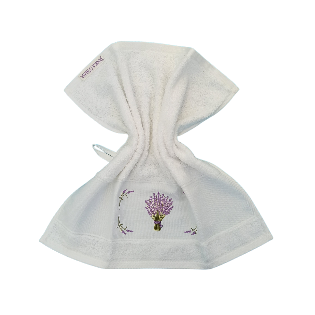 White Terry Towel with Lavender Embroidery