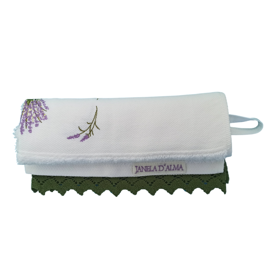 White Terry Towel with Lavender Embroidery and Lace Trim