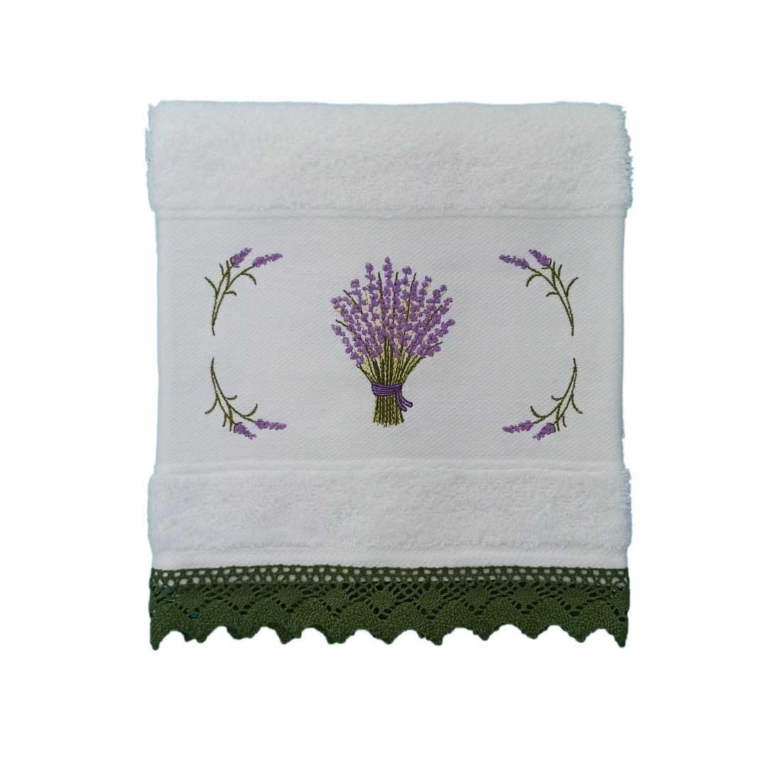 White Terry Towel with Lavender Embroidery and Lace Trim