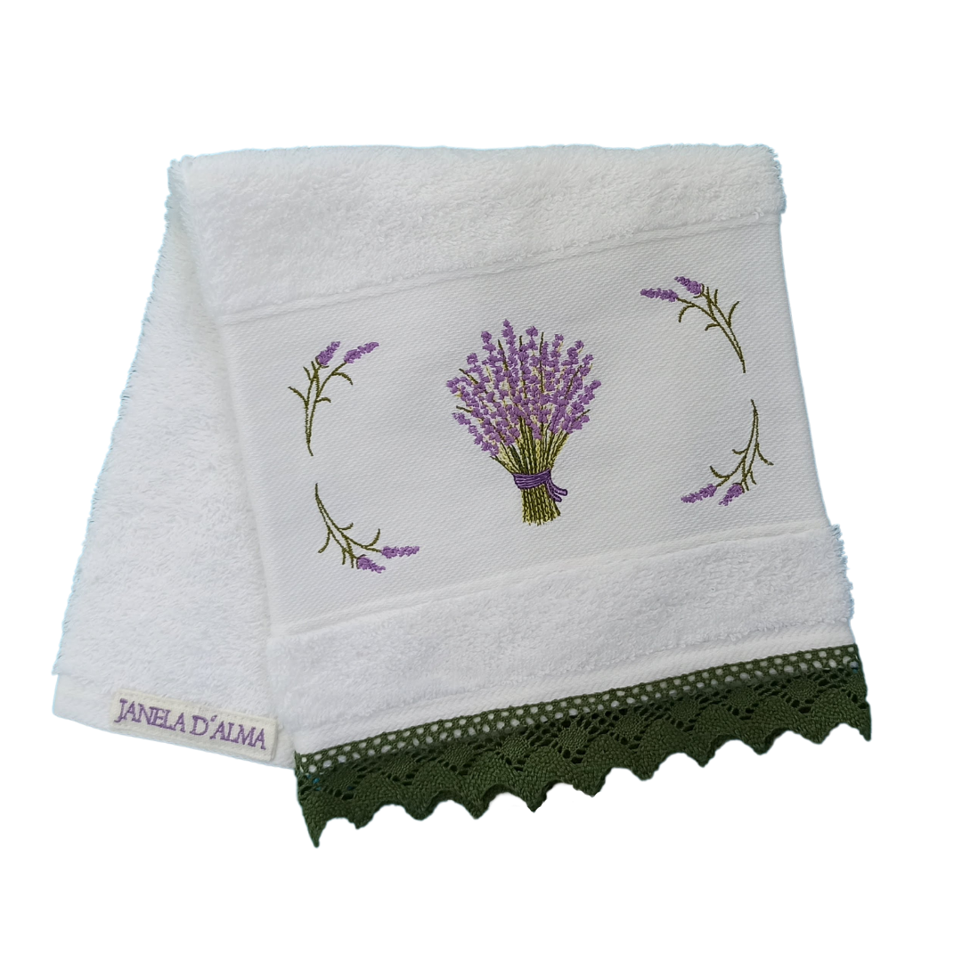 White Terry Towel with Lavender Embroidery and Lace Trim