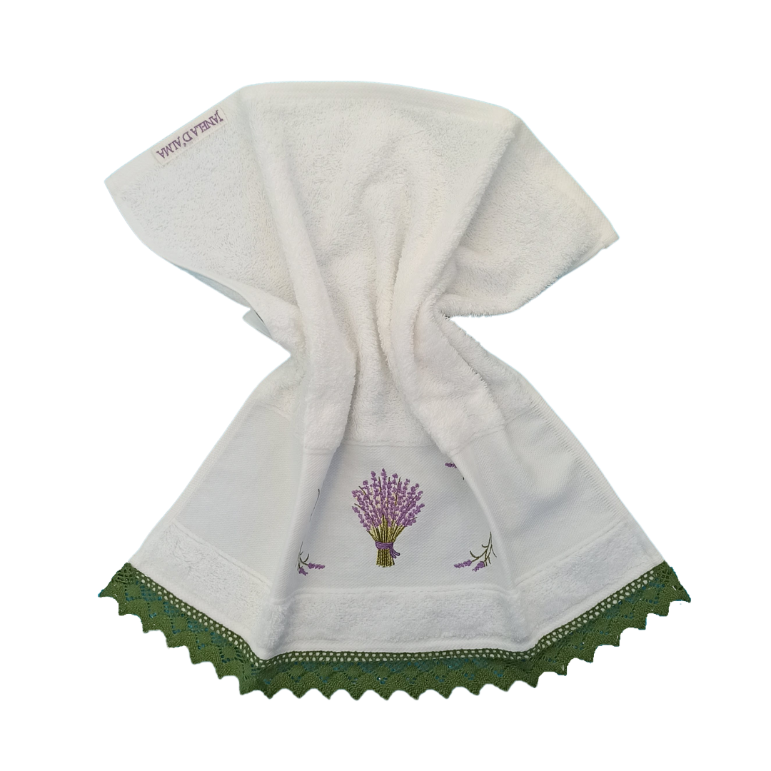 White Terry Towel with Lavender Embroidery and Lace Trim