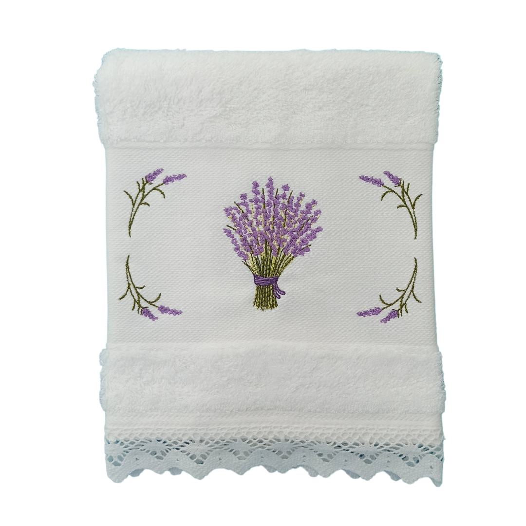 White Terry Towel with Lavender Embroidery and Lace Trim