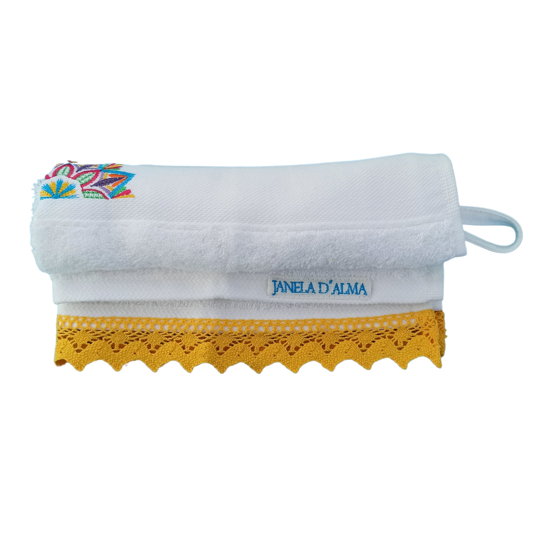 White Terry Towel with Mandala Embroidery and Lace Trim