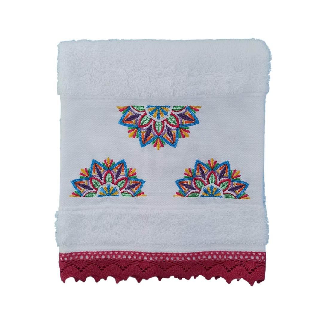 White Terry Towel with Mandala Embroidery and Lace Trim